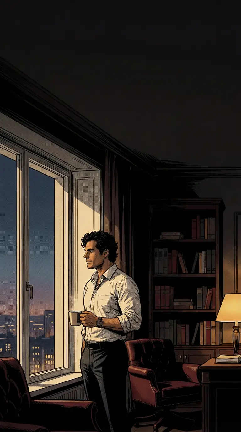 A financial adviser stands at his office window at dusk, holding a cup of coffee, with the city lights beyond.
